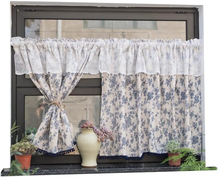 Konsilsa Kitchen Curtains, Vintage Farmhouse Cotton Linen Short Window Panel Country Cafe Semi-Transparent Tassel Small Tier Curtain Decor (Color : A, Size : 40x140cm(16x55inch))
