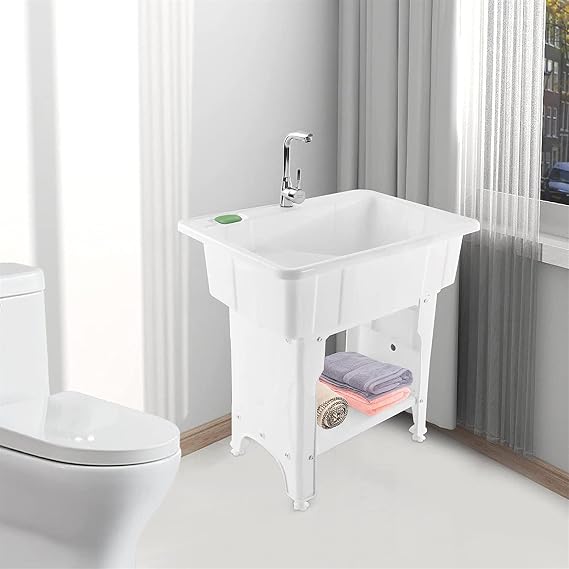 Freestanding Ceramic Laundry Sink - 28 X 19 X 32 Inches With Hot/Cold Faucet, Shelves & Drain Kit