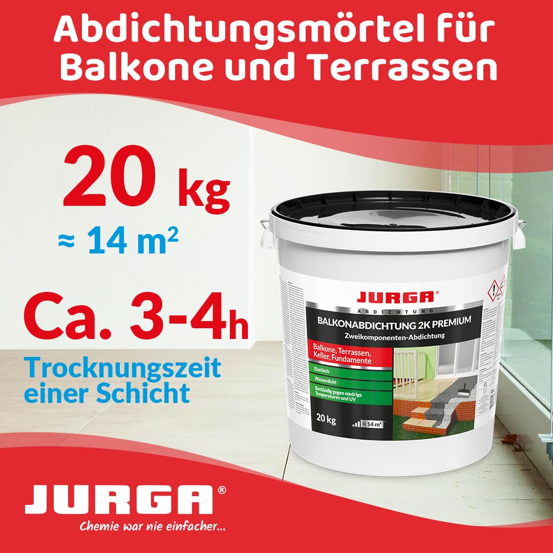 JURGA Balkonabdichtung 2K (20kg≈14m²) Zweikomponenten Zement Mörtel Terrassenabdichtung Außen, Dichtschlämme für Keller & Fundamente, UV-beständig, Wassersperre