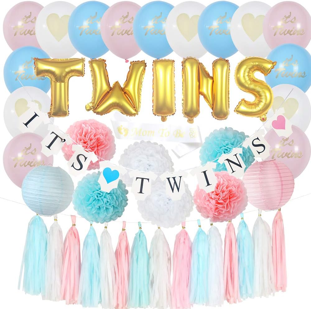 Twins Baby Shower Party Set | Baby Boy and Baby Girl Paper Pom Poms, Lanterns, Foil Balloons, Tassels, Paper Backer, and ‘It’s Twins’ Letter Banner | Bonus ‘Mom to Be’ Sash | Twins Baby Shower Package