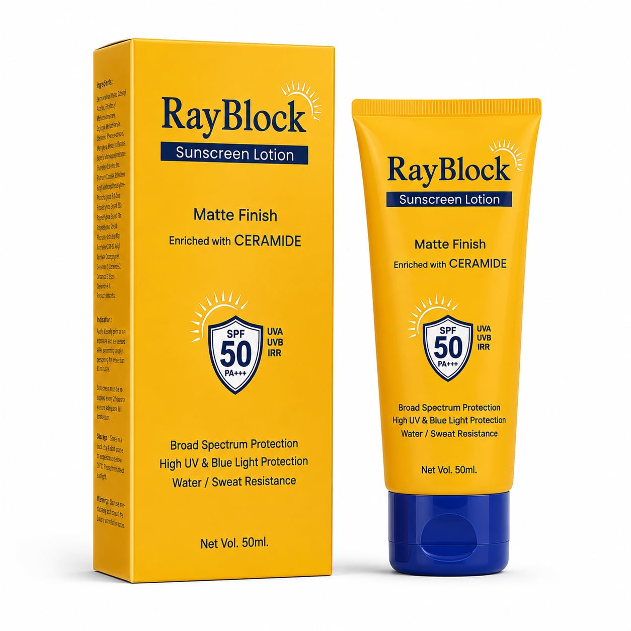 RayBlock Sunscreen Lotion SPF 50 PA+++, Matte Finish, Enriched with CERAMIDE, Broad Spectrum UVA UVB IRR Protection, 50ml-image-36