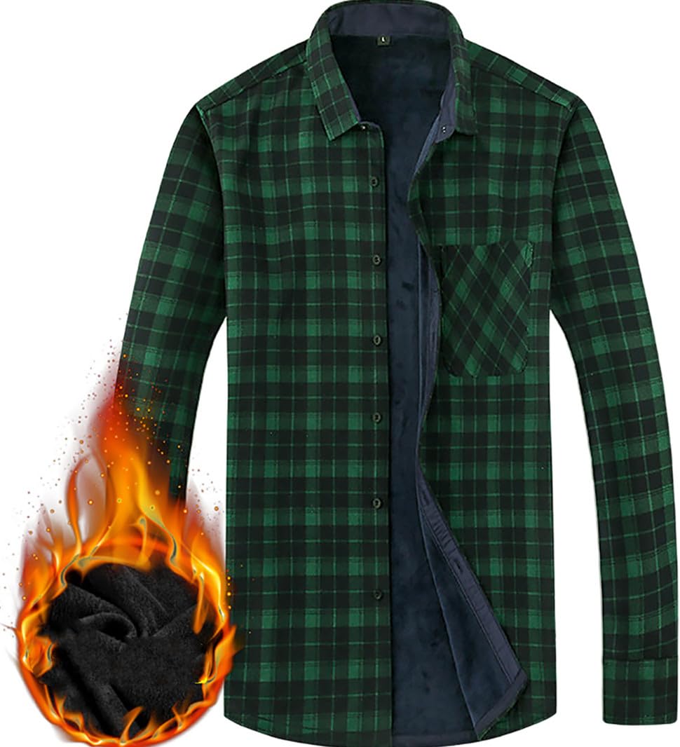 Miaikvs Men's Green Thicken Plaid Shirt Warm Sherpa Lined Fleece Long Sleeve Casual Plaid Flannel Shirt Jacket With Pocket (,3Xl)