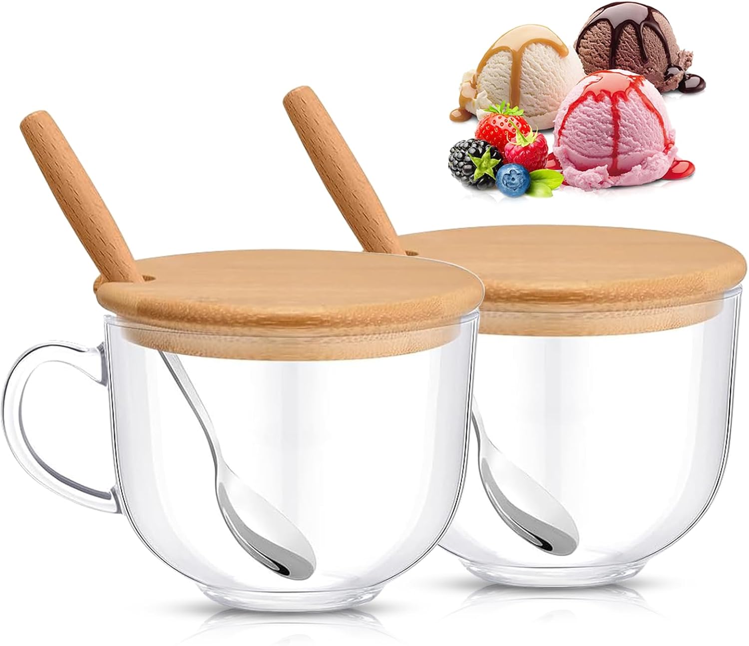 2 Pack Clear Glass Coffee Mugs with Lids & Spoons, 470ml Transparent Soup Mugs for Cereal, Oatmeal, Milk, Beverages, Microwave Safe, Durable Glass Bowls, Send Goods from Local Warehouse