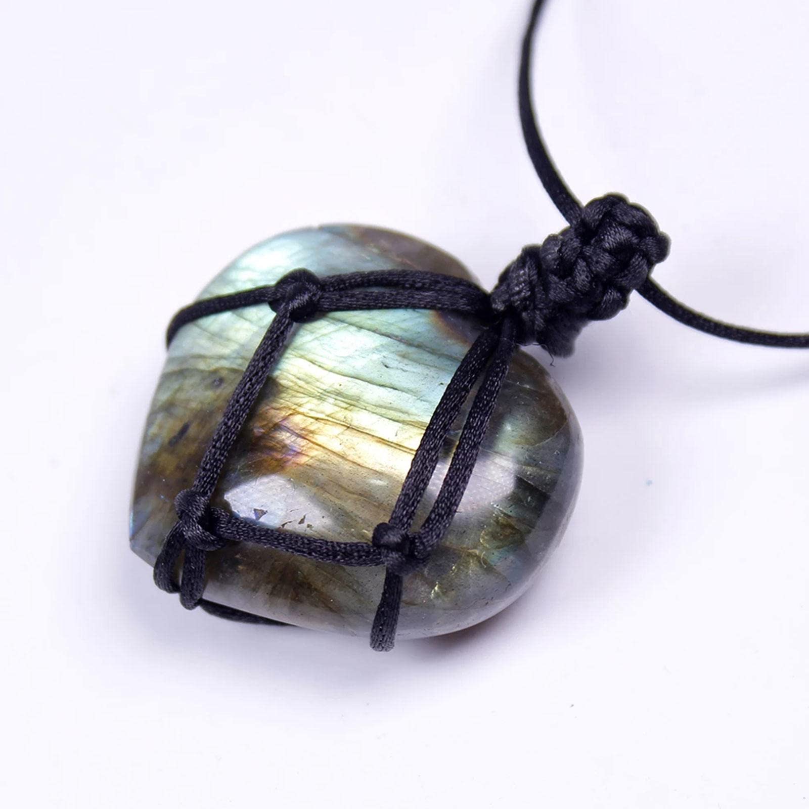 Collar de Cristal de corazón de labradorita Natural Colgante de Chakra curativo con Cuerda Tejida a Mano Colgante de Piedra curativa de Piedra Lunar de Piedra de Palma de labradorita