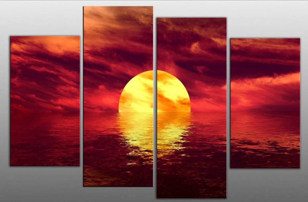 Large Abstract Seascape Sunset Canvas Art Picture 4 pieces multi panel split canvas completely ready to hang hanging cord attached, hanging template included for easy hanging, hand made printed to order UK company 40โ width 28โ height