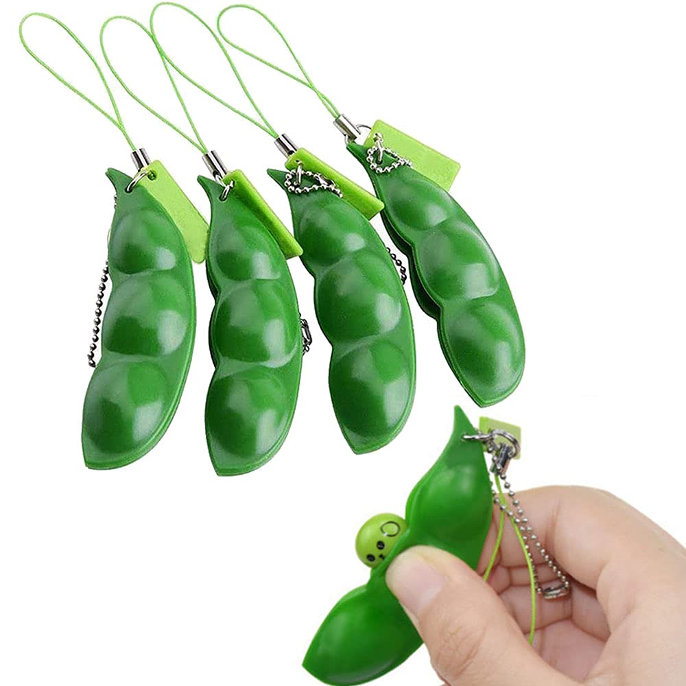 JAJAJA 4 Pieces Fidget Toy, Squeeze a Bean Stress Relief, Anti-anxiety Pea Pod Keychain (4 PCS)