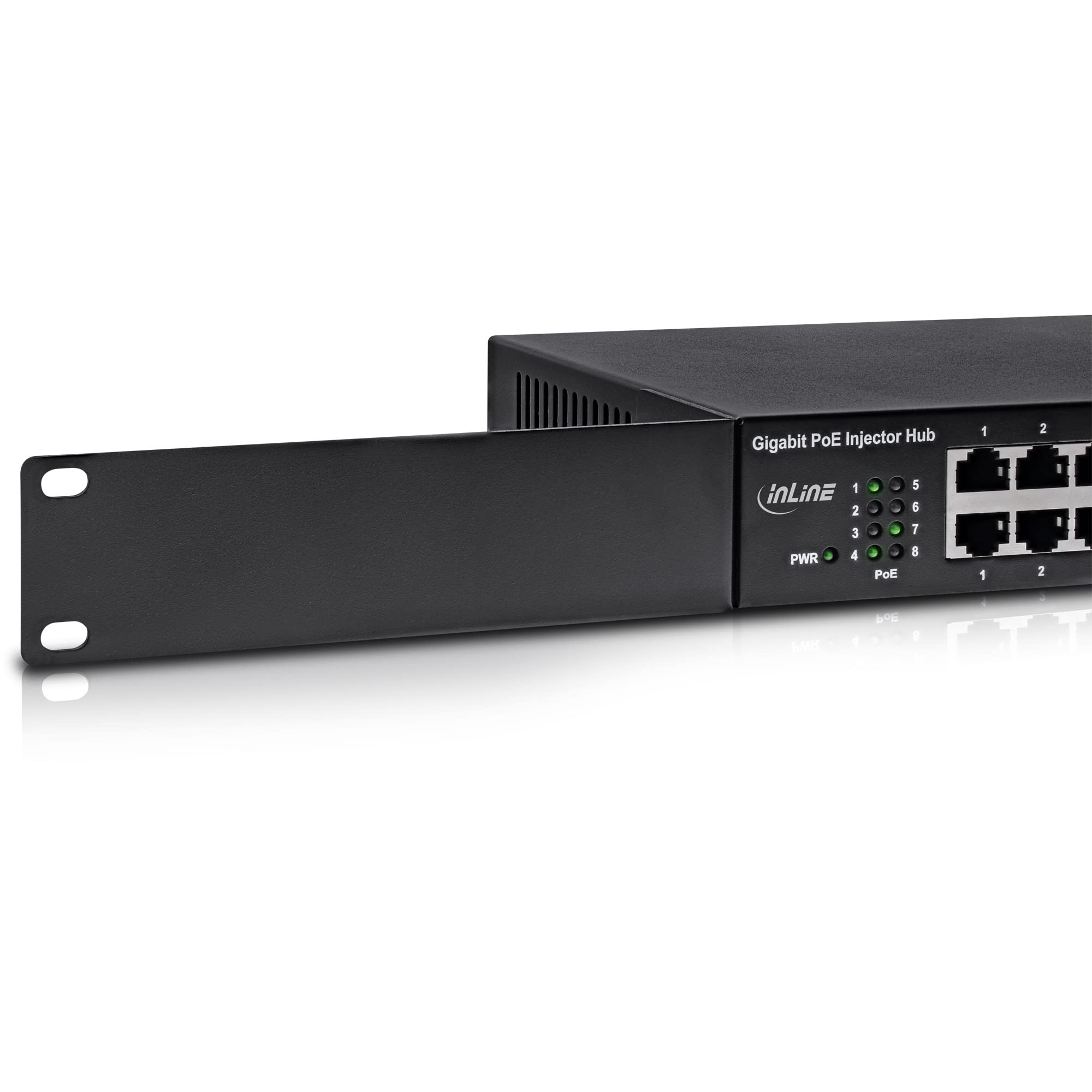 InLine 32308H PoE+ Gigabit Netzwerk Injektor Hub 8 Port (8x PoE+), 1GBit/s, 19" (Winkel enthalten), Metall, lüfterlos