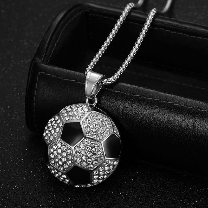PAMTIER Unisex Stainless Steel Hip Hop Cool Simulation Stereoscopic Sports Soccer Pendant Necklace Ice Out Crystal Inlay3