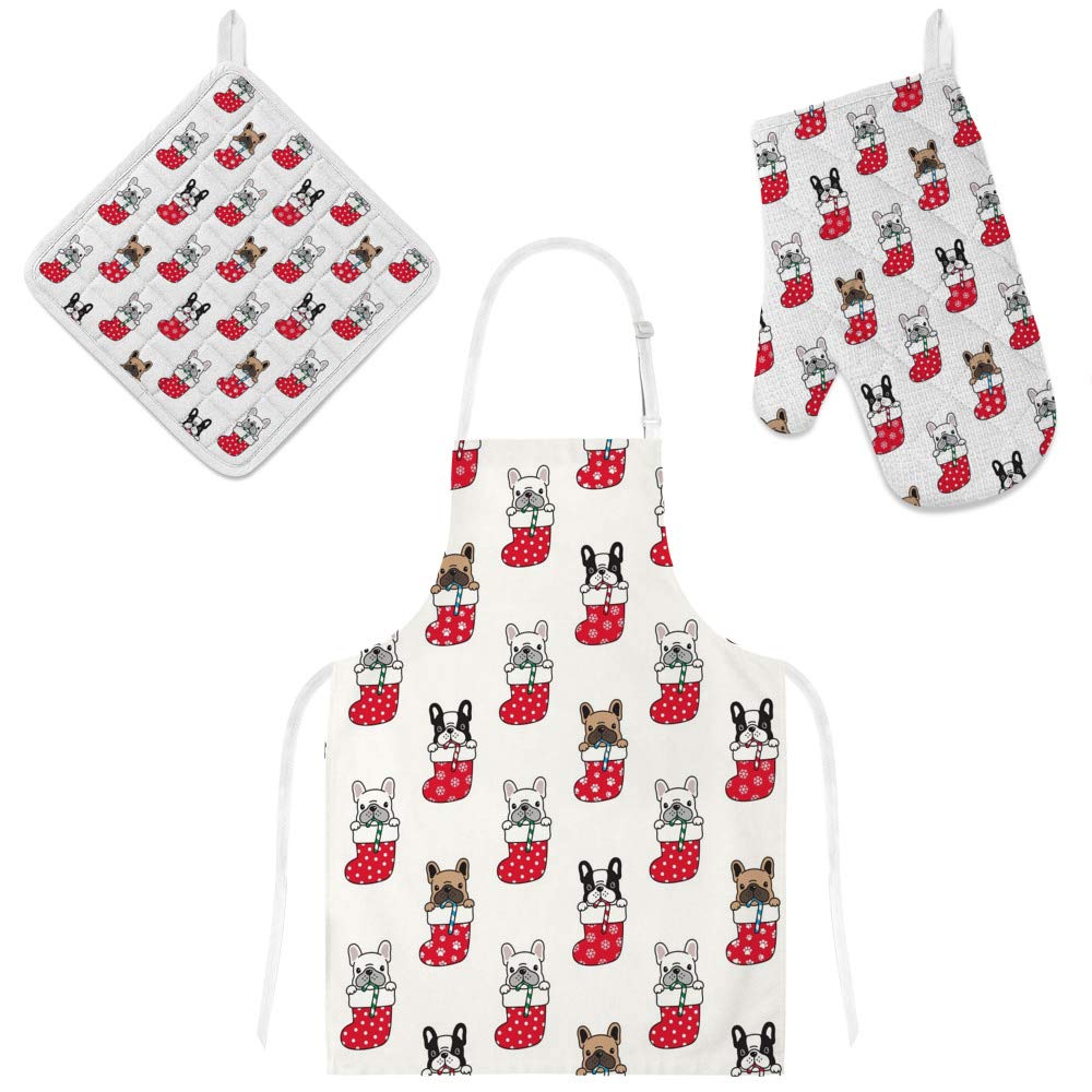 Tablier de cuisine chien de Noël et 2 maniques assorties