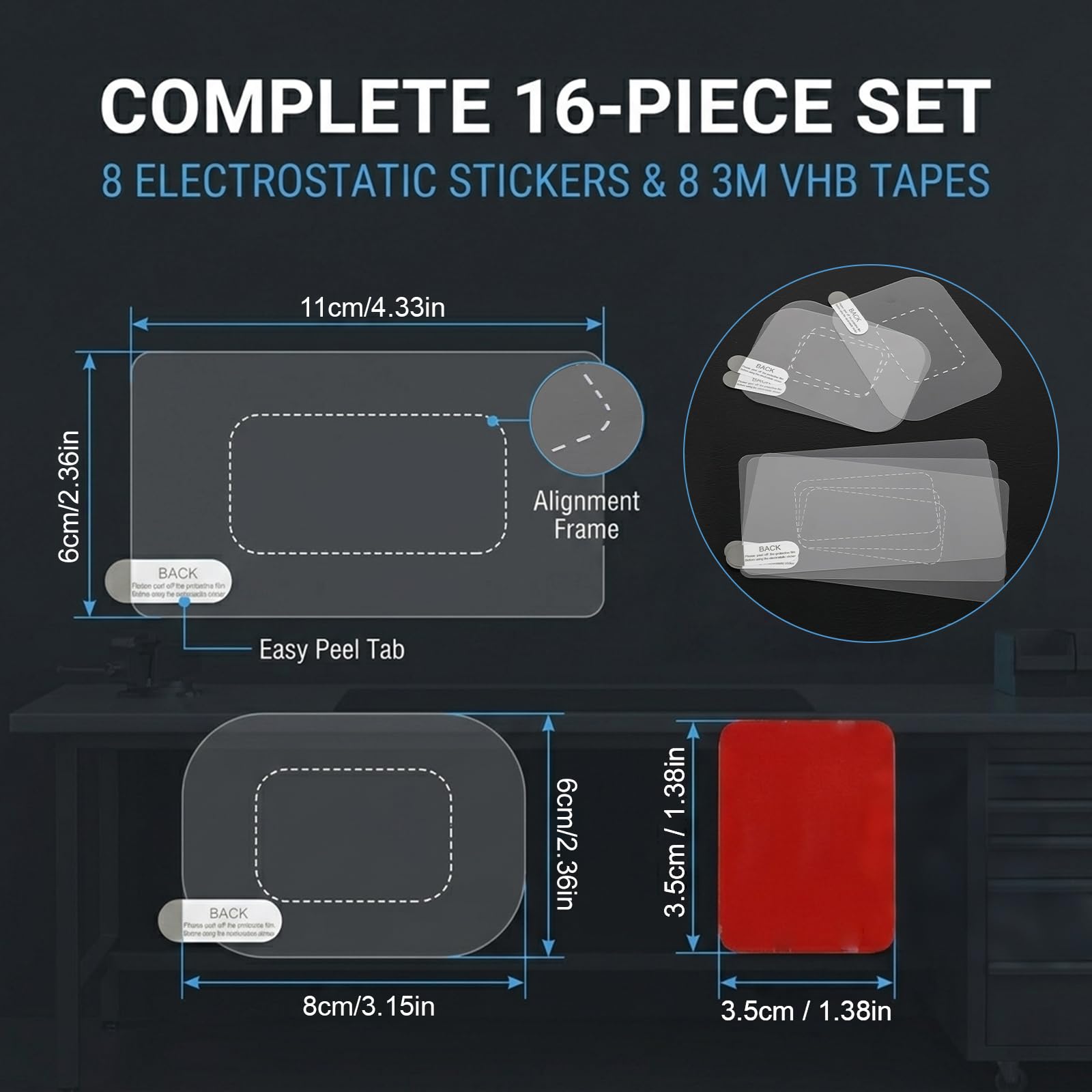 Set 16 Pezzi Adesivi Dash Cam: 8 Pellicole Elettrostatiche (6x8cm e 6x11cm) + 8 Biadesivi per Parabrezza Auto e, Kit di Montaggio Trasparente e Resistente al Calore