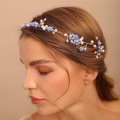 Diadema de diamantes de imitación para boda, diadema de flores azules, hecha a mano, perla para novia, dama de honor, accesorios para el cabello