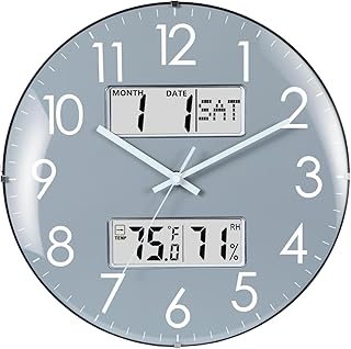 Reloj de pared silencioso analógico de 13 pulgadas con calendario de temperatura y humedad (gris)