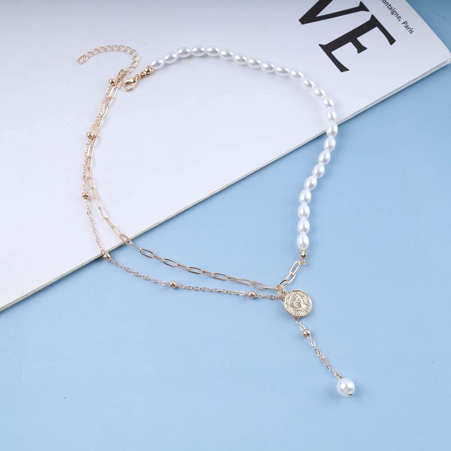 Boho Layered Pearl Coin Choker Necklace Pearl Y Lariat Necklace Gold Medallion Pendant Necklace Short Paperclip Chain Necklace Jewelry for Women - Image 3