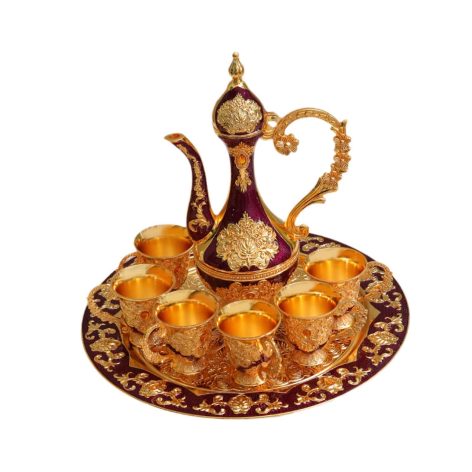 Bothyi Turkish Teapot Set Turkish Coffee Set,Luxury,with Pot Tray and 6 Cups,Metal Coffee Cup Set Teapot Set for Housewarming Party, purple