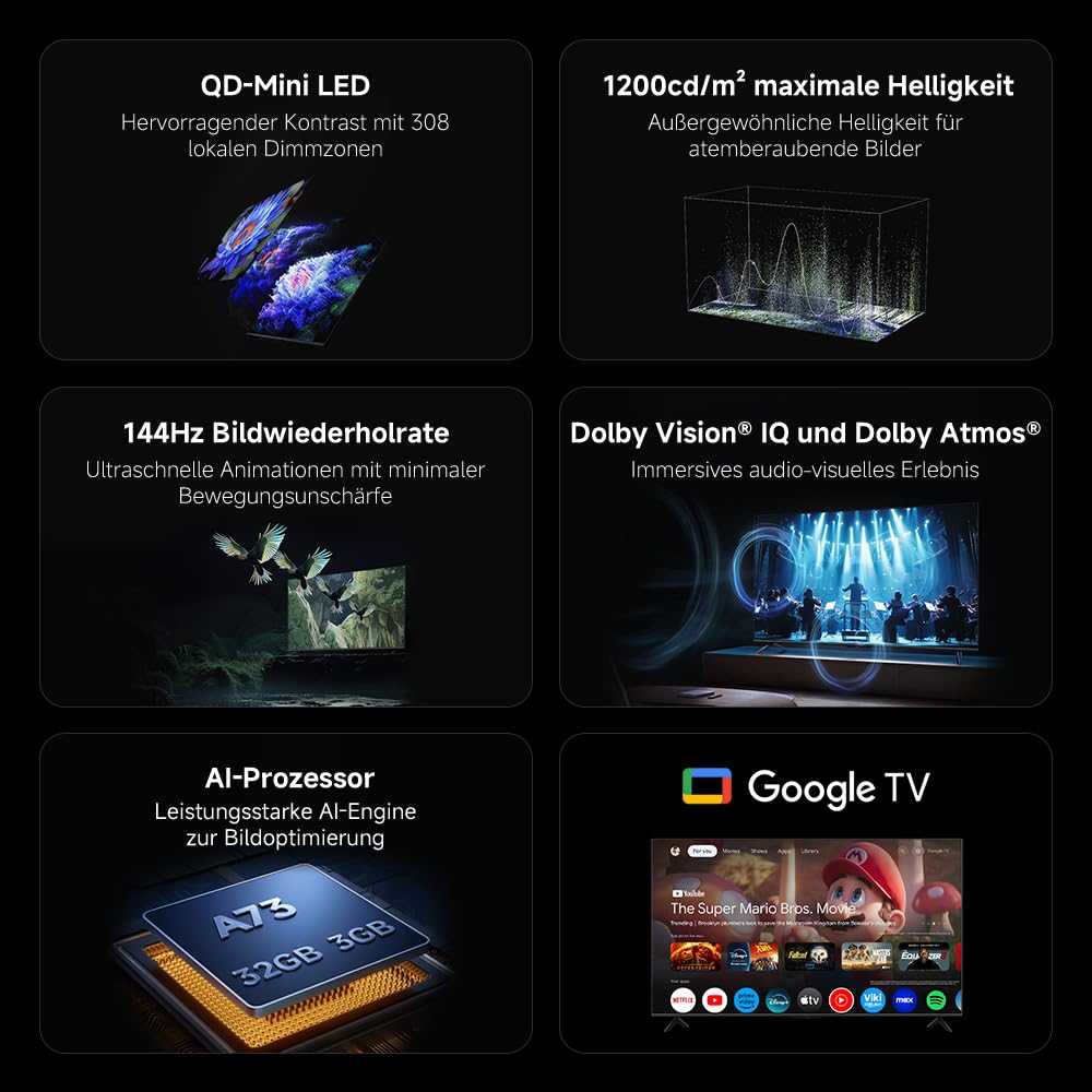 XIAOMI TV S Mini LED 55 Zoll (140 cm), 4K UHD Smart TV, 144Hz (240Hz Game Boost Mode), Dolby Atmos & Vision, HDR10+, Triple Tuner, DVB-C/S/S2/T/T2, Google TV, MEMC, Airplay, Google Assistant