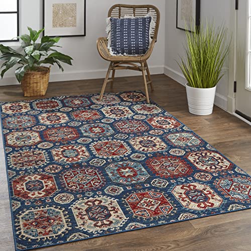 Feizy Rugs - Nolan Vinatge Style Tribal Kazak Rug, Classic Blue/True Red, 4ft3in x 6ft3in