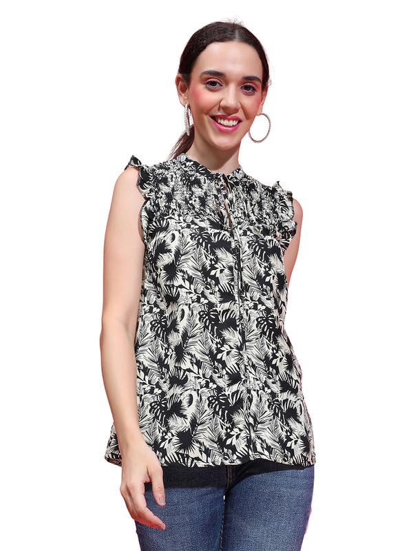 Image of Women Floral Print Black Color Round Neck with Tie-Knot Detail Sleevless Top