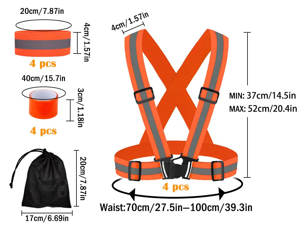 Gilet Catarifrangente ad Alta Visibilità 4 Pezzi con Braccialetti Riflettenti e Borsa, per Corsa Ciclismo
