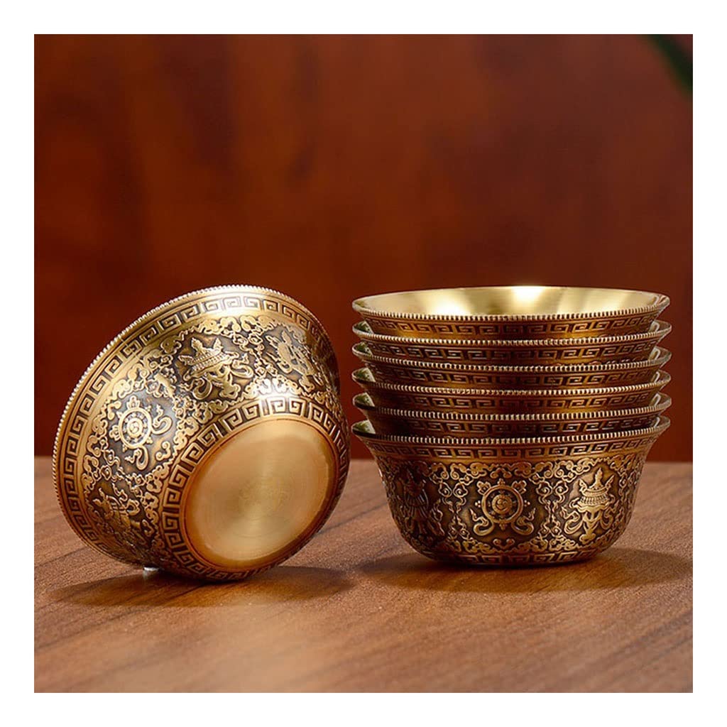 All Copper Water Supply Bowl in Front of The Buddha, Buddhist Holy Water Cup, Antique Gilt and Carved Eight Auspicious Buddha Cups (Color : 1set/7pcs, Size : Large)
