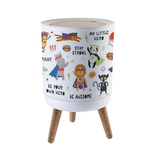 Bote de basura pequeño con tapa, juego grande de lindos superhéroes de animales con máscaras y capas volando con citas, cubo de basura redondo,