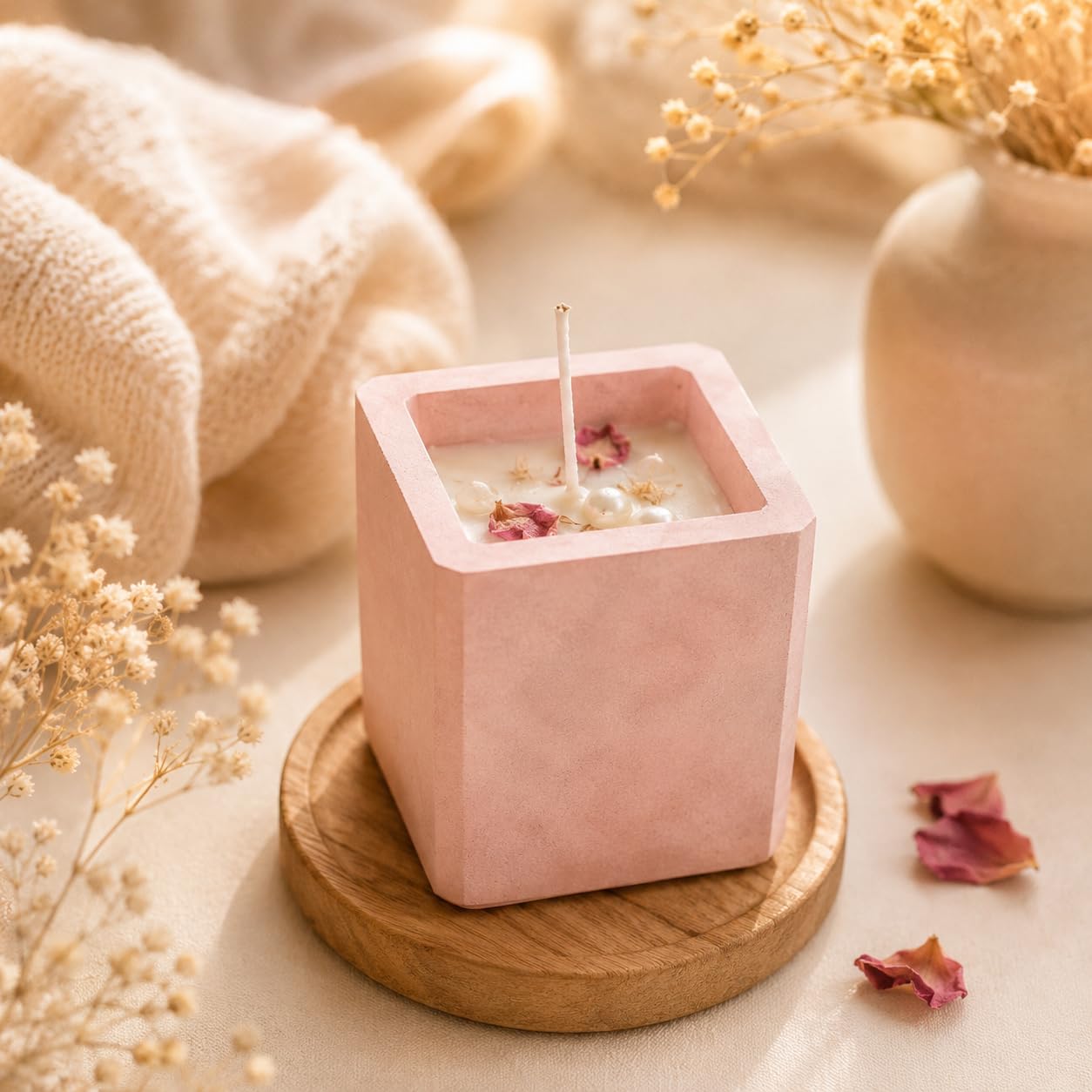 Blush Pink Aura Block Candle – Handmade Floral Soy Wax Candle in Elegant Pink Concrete Vessel for Cozy Home Décor & Luxury Gifting-image-38