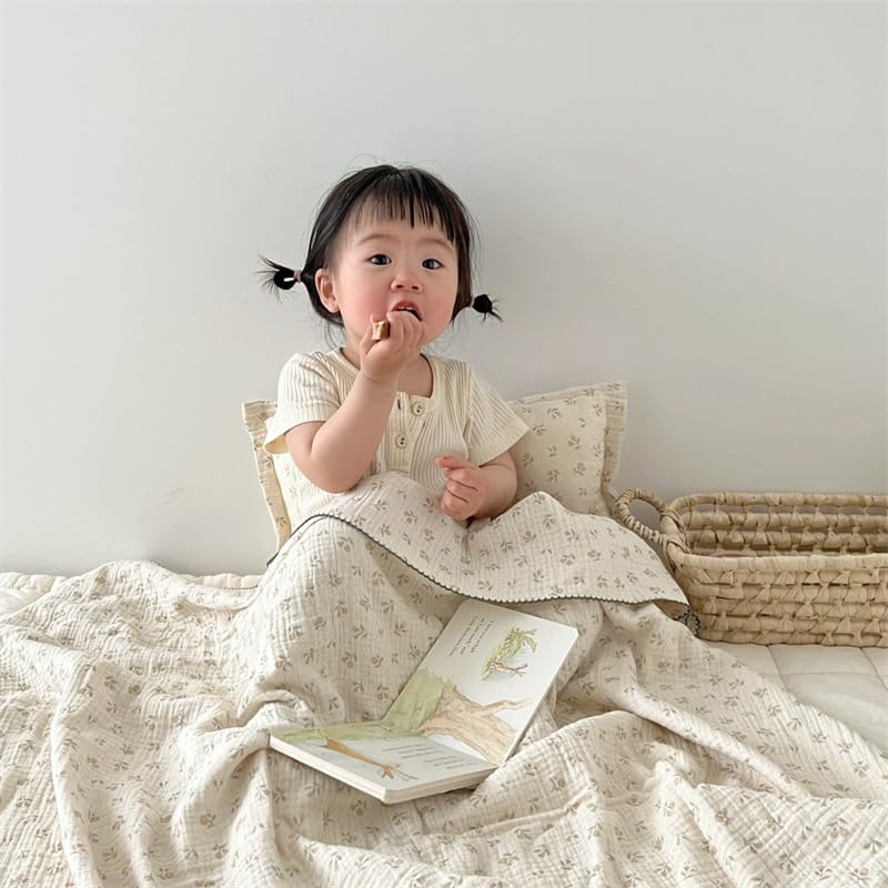 Miniatura 6 de BuLuTu Manta de muselina 100% algodón para niñas y niños, manta de muselina con patrón de brotes frescos, manta para cuna de verano, lavable a