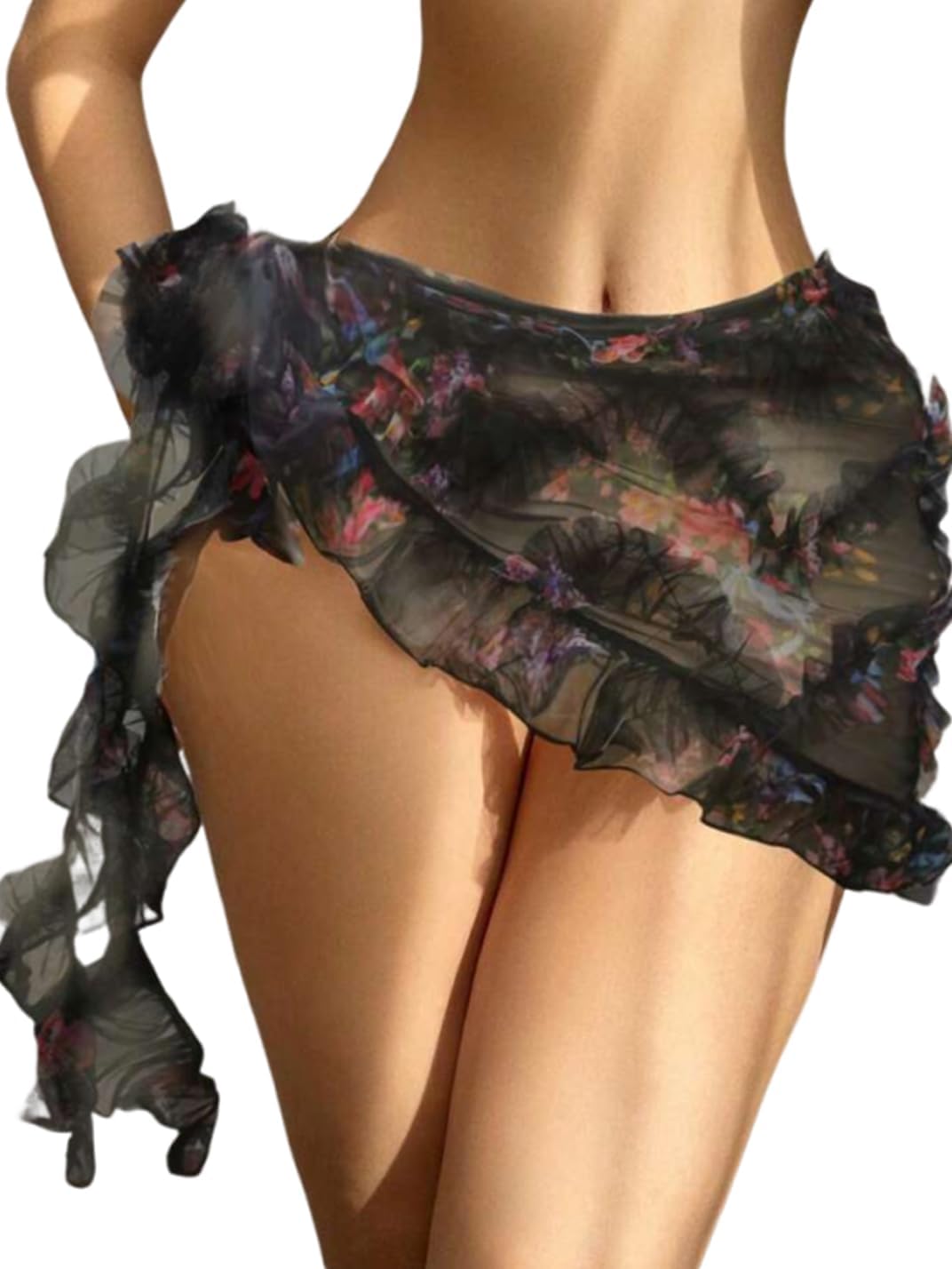 ZAFUL Women's Swimsuit Coverup Floral Wrap Skirts Beach Sheer Bikinis Cover Ups One Size Ruffle Trim Bathing Suit