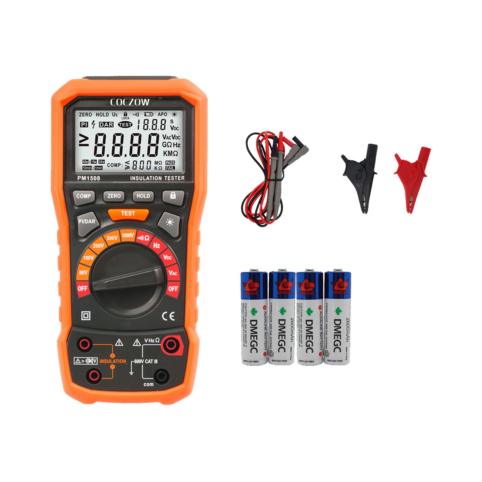 Testeur de résistance d'isolement mégohmmètre numérique 1000 V AC/DC pour appareils électriques, résistance d'isolement jusqu'à 100 GΩ, avec PI/DAR, test de fréquence et basse tension, avec écran LCD