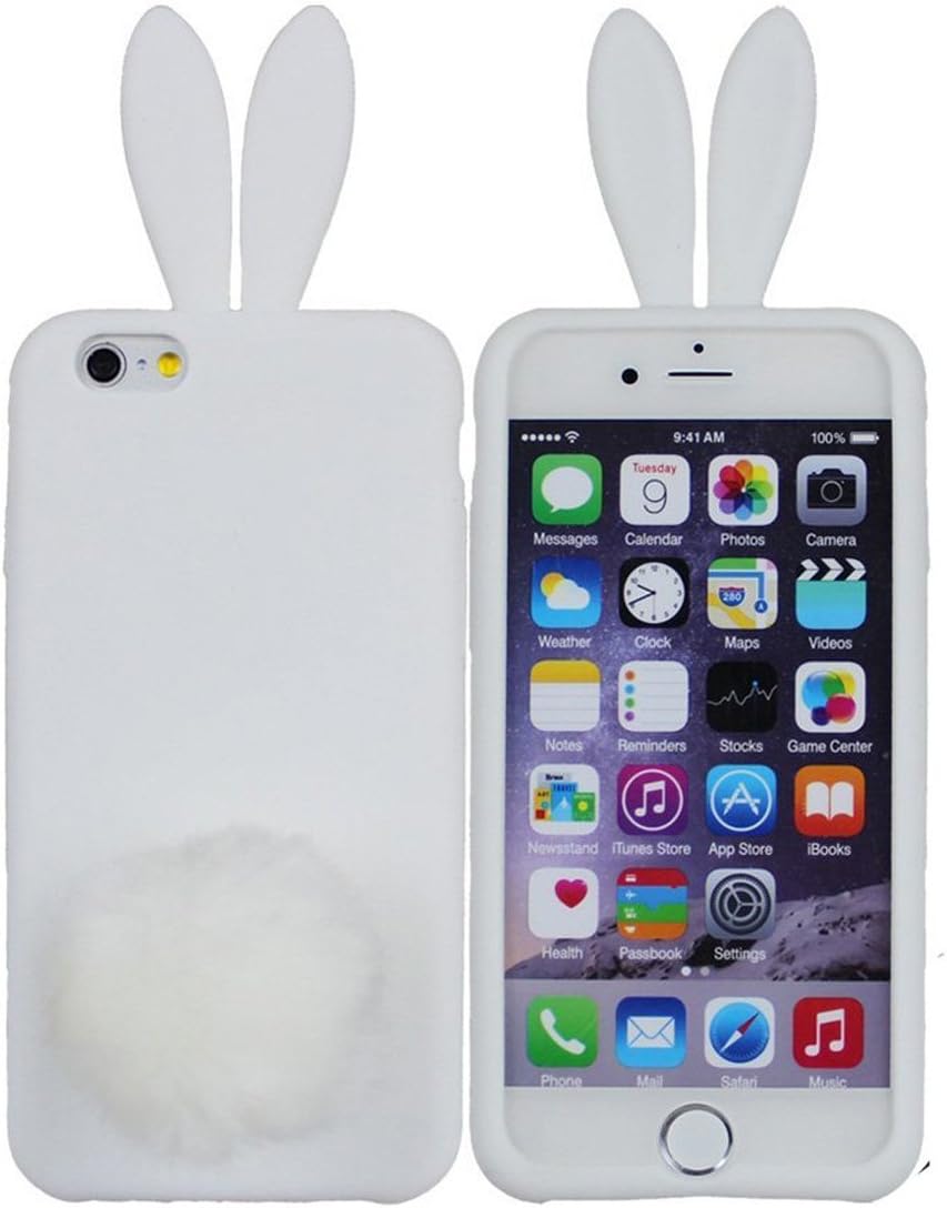 iPhone 6 Plus Case,Cute Lovely Long Ear Design Rabbit with Furry Tail Silicone Bunny Case Cover for Apple iPhone 6 Plus 5.5 inch (White)