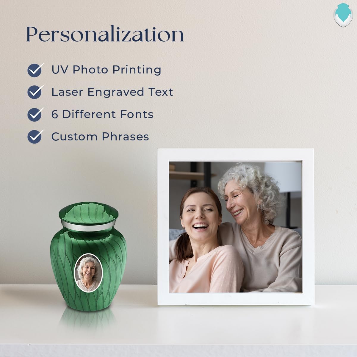 Geturns Embrace Keepsake Personalized Picture Cremation Urns for Human Ashes I Pearl Green Photo Funeral Urn for Men and Women with Double Side Engraving I 3.5 lbs
