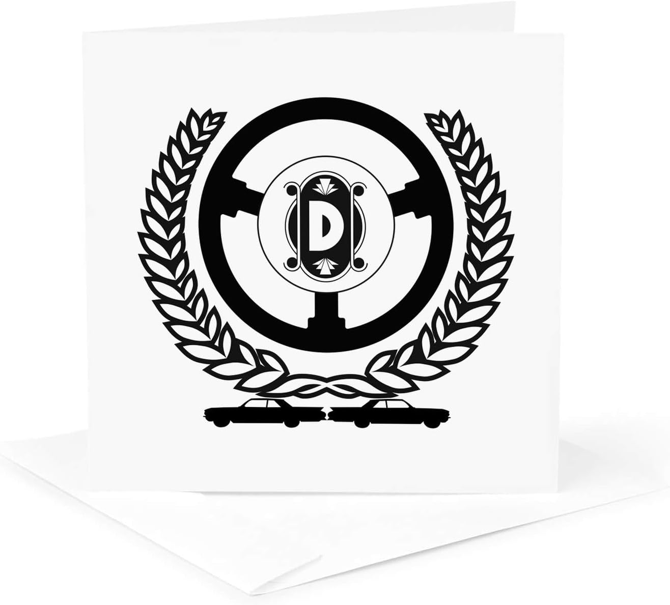 Greeting Card - Laurel wreath, steering wheel, two cars. Charming letter D - Alexis Design - Monogram Auto Car