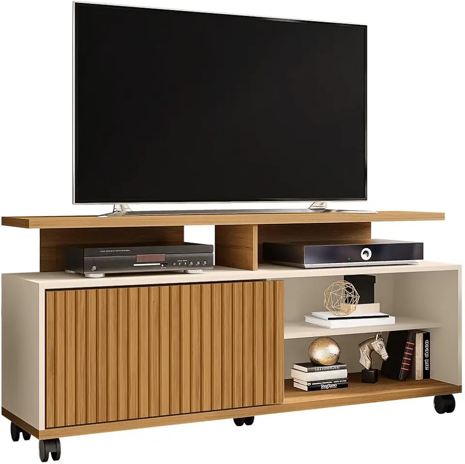 Rack Topázio Para Tv até 52 Polegadas com 5 Rodízios Móveis Bechara Cinamomo/off White/ripado