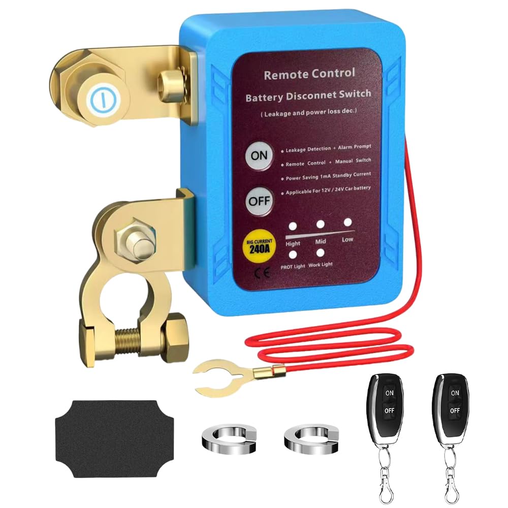 Drahtloser Ferngesteuerter Auto Trennschalter, Batterie Trennschalter 12V /24V 240A, Fernbatterie TrennsChalter mit 2 Fernbedienung, Automatische Abschaltung Schalter für Auto, ATV, LKW, Boot