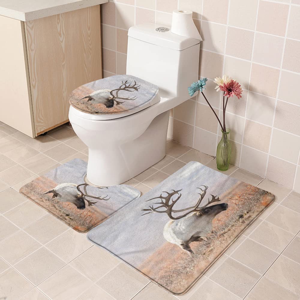 Bath Mat Bathroom Mat Set 3 Pieces,Suike Luxury Wildlife Big Caribou Alaska Tundra Denali Yukon Alaskan,Rug Toilet Seat Lid Cover Non Slip Mat Extra Soft and Absorbent
