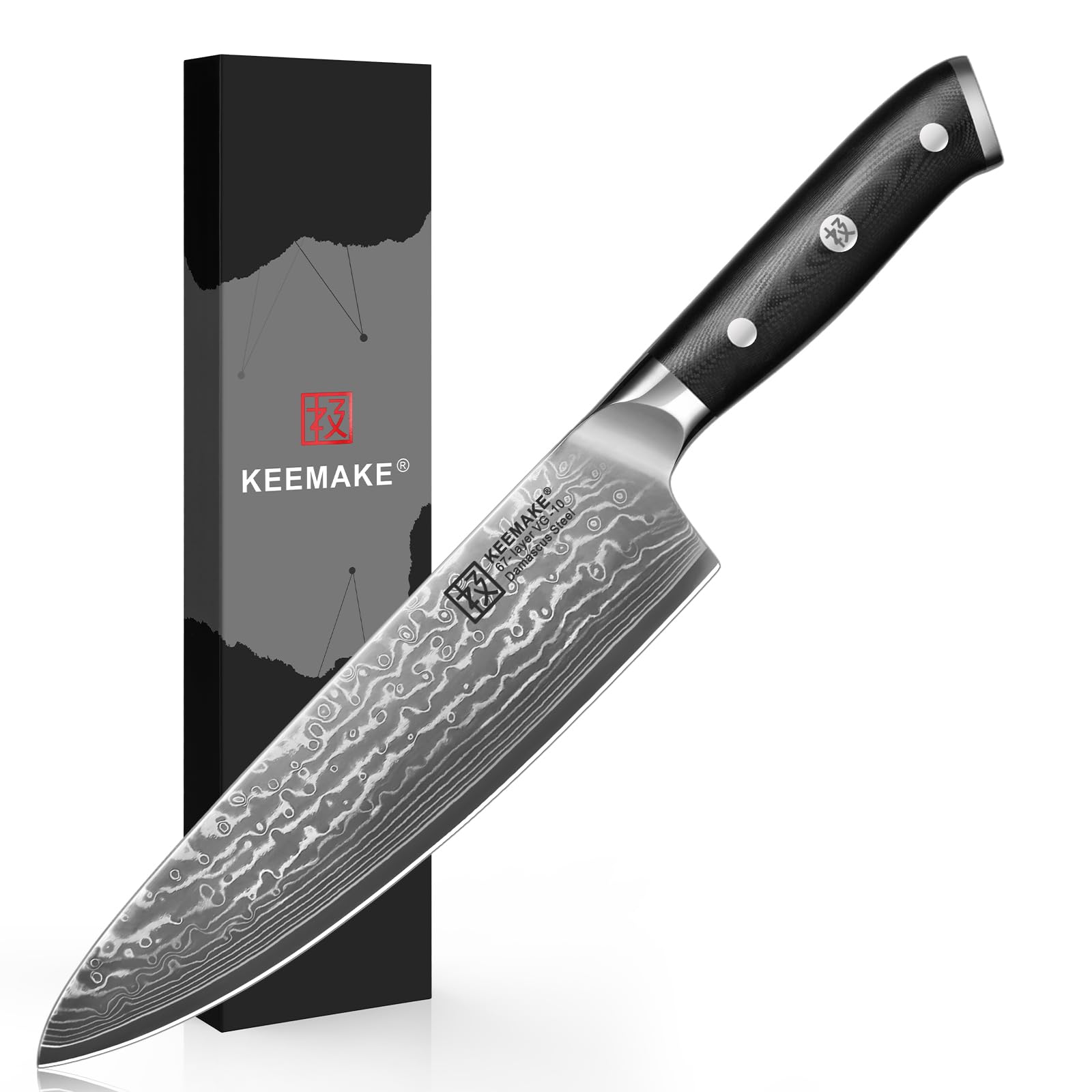 KEEMAKE Damascus Chef Knife for Kitchen - 8 Inch Professional Extra Sharp Kitchen Knife with 67-Layer Damascus Steel VG-10 Blade and Ergonomic G10 Glass Fiber Handle