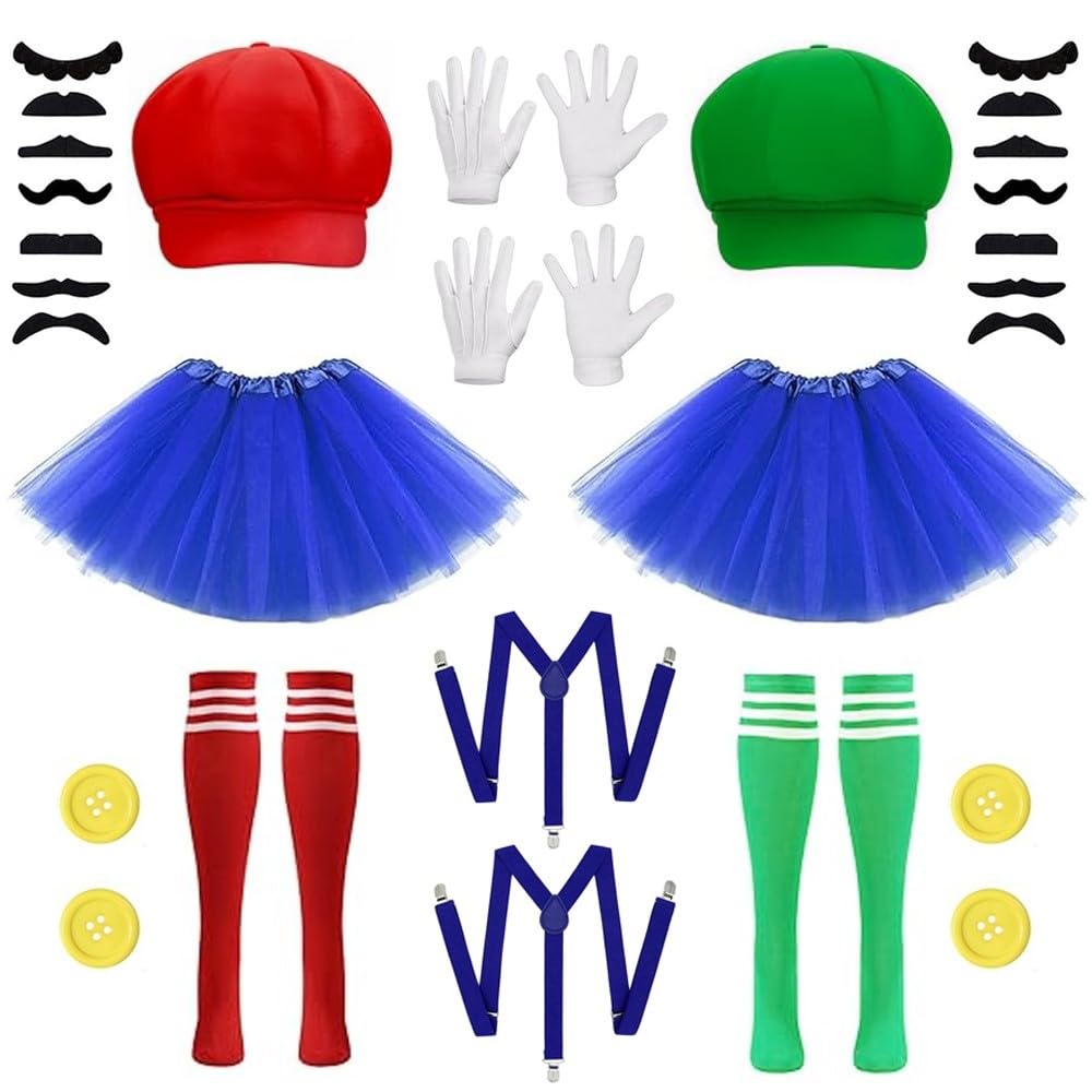 LIUWAZJ Halloween Plumber Costume Set for Women, Classic Red and Green Fancy Dress Set with Hat, Tutu Skirt, Striped Sock, Glove, Strap, Buttons, Beard for Adult Carnival Cosplay Party