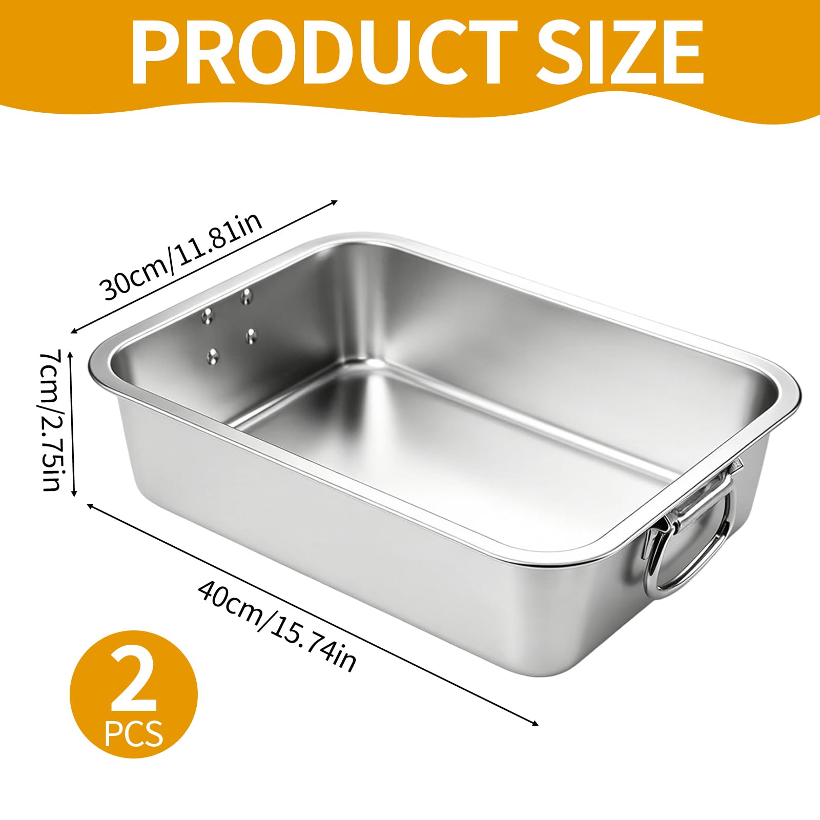2 teglie da forno profonde in acciaio inox, 40 x 30 x 7 cm, rettangolare, con manici mobili, per cucinare carne, lasagne, tacchino