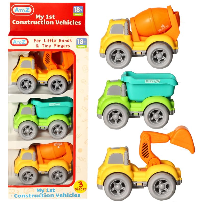 Atoz My 1st Construction Vehicles Toy Set, 3 Pieces, for Ages 18+ Months, Cement Mixer, Dump Truck & Excavator