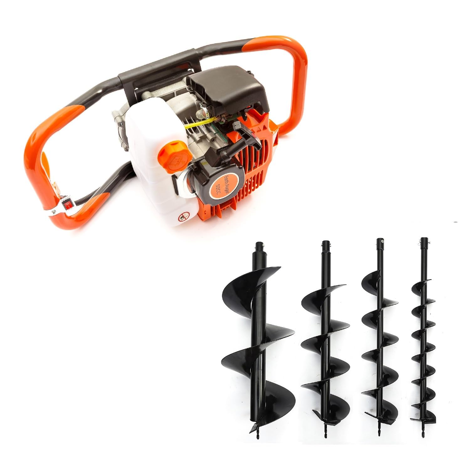 Earth Auger 52cc Petrol 2 Stroke Engine Post Hole Borer Digger & Choice of 4 Drill Bits Attachments 100mm / 150mm / 200mm / 300mm for Planting Digging (52cc Engine & 4X Drill Bit)