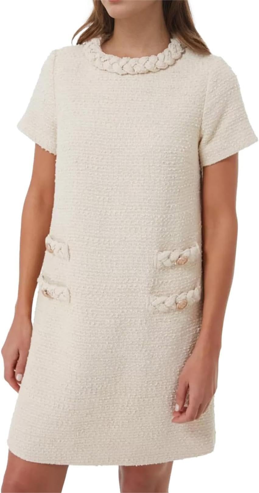 Damen Tweed Kleid Kurze Ärmel Crew Neck A-Linie Party Vintage Minikleid Causal Dresses