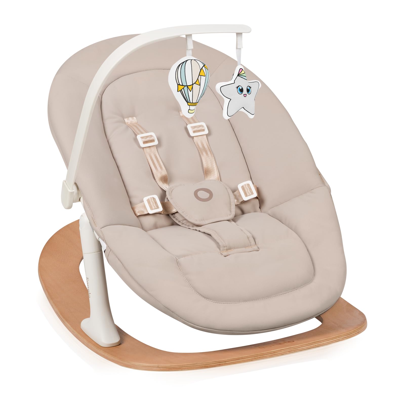 Lionelo Celia Rocker Hamaca Bebé para Recién Nacido, Balancín Bebé sin Mecanismo, Arnés de 5 Puntos, Respaldo Regulable 2 Posiciones, Base de Haya Firme, Funda Lavable, Barra con Juguetes, hasta 9 kg