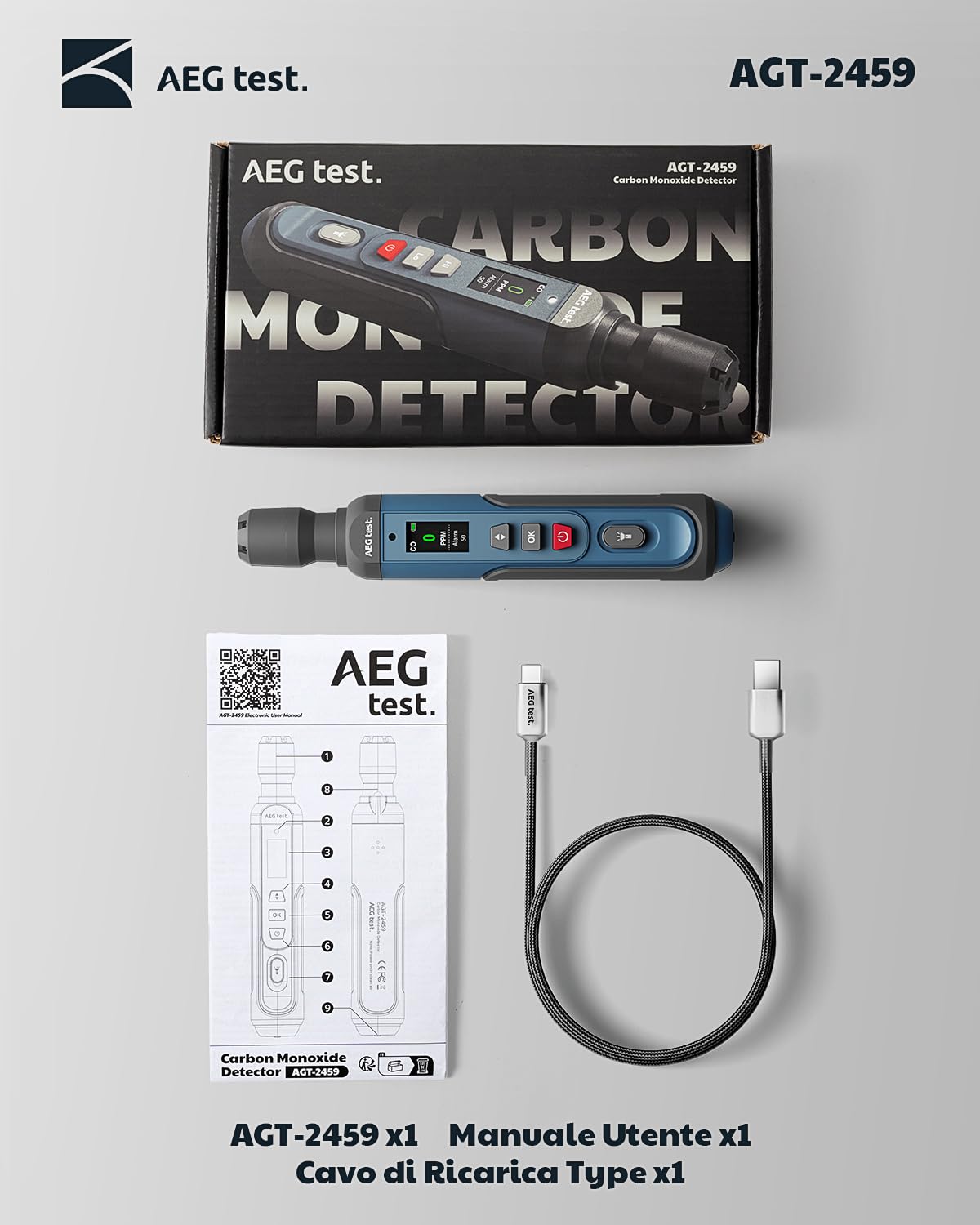 AGT-2459 Rivelatore portatile di monossido di carbonio, CO ricaricabile 0~1000PPM con allarme acustico/visivo, schermo TFT a colori per casa, viaggio, industria e usi mobili – Blu