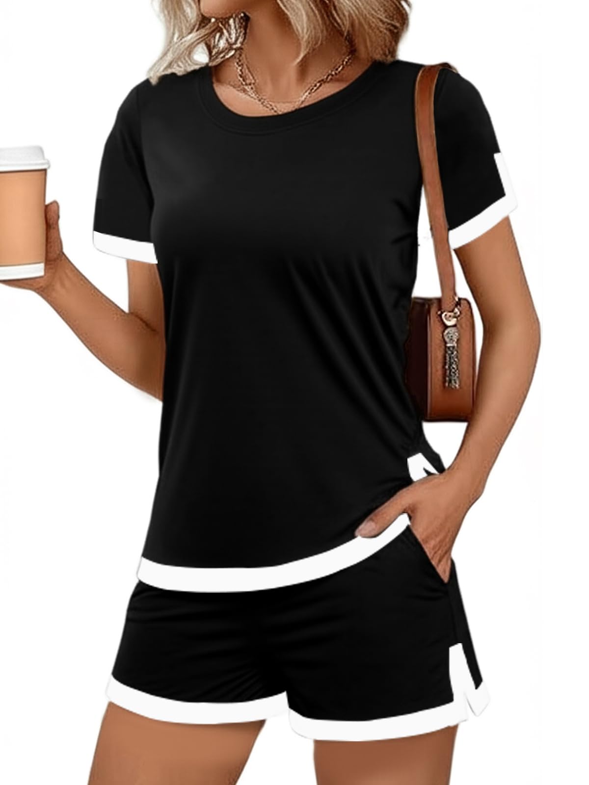 JFAN Chandal Mujer Chándal Completo 2 Piezas Conjunto Chándale de Verano de Manga Corta Casual Conjuntos Deportivo de Pantalones Cortos con Bolsillos y Cuello Redondo Top