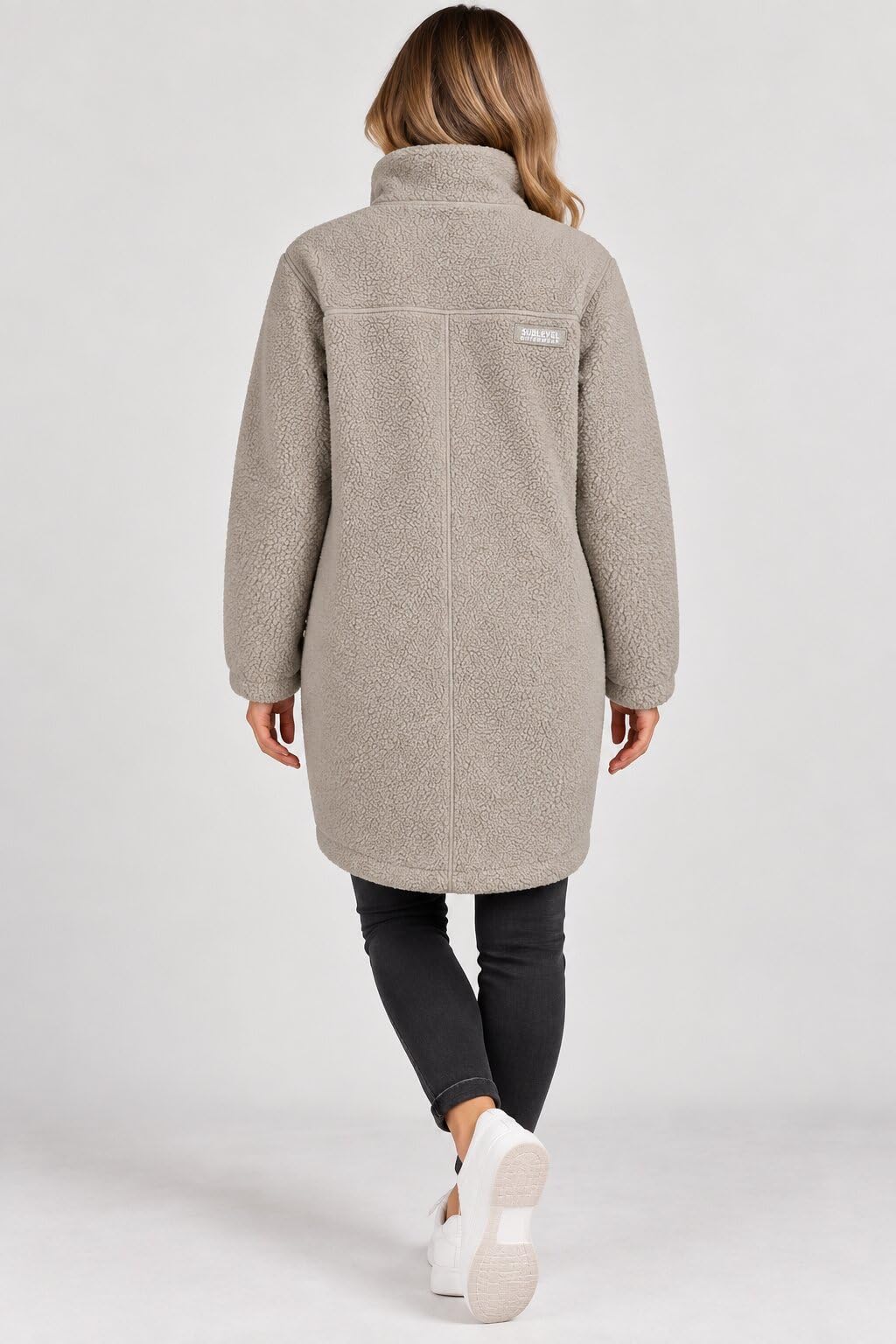 Sublevel Damen Teddy Fleece Mantel Lang – Kuschelige Teddyjacke mit Stehkragen, 2-Wege-Reißverschluss & Taschen – Fleecemantel für Herbst Winter