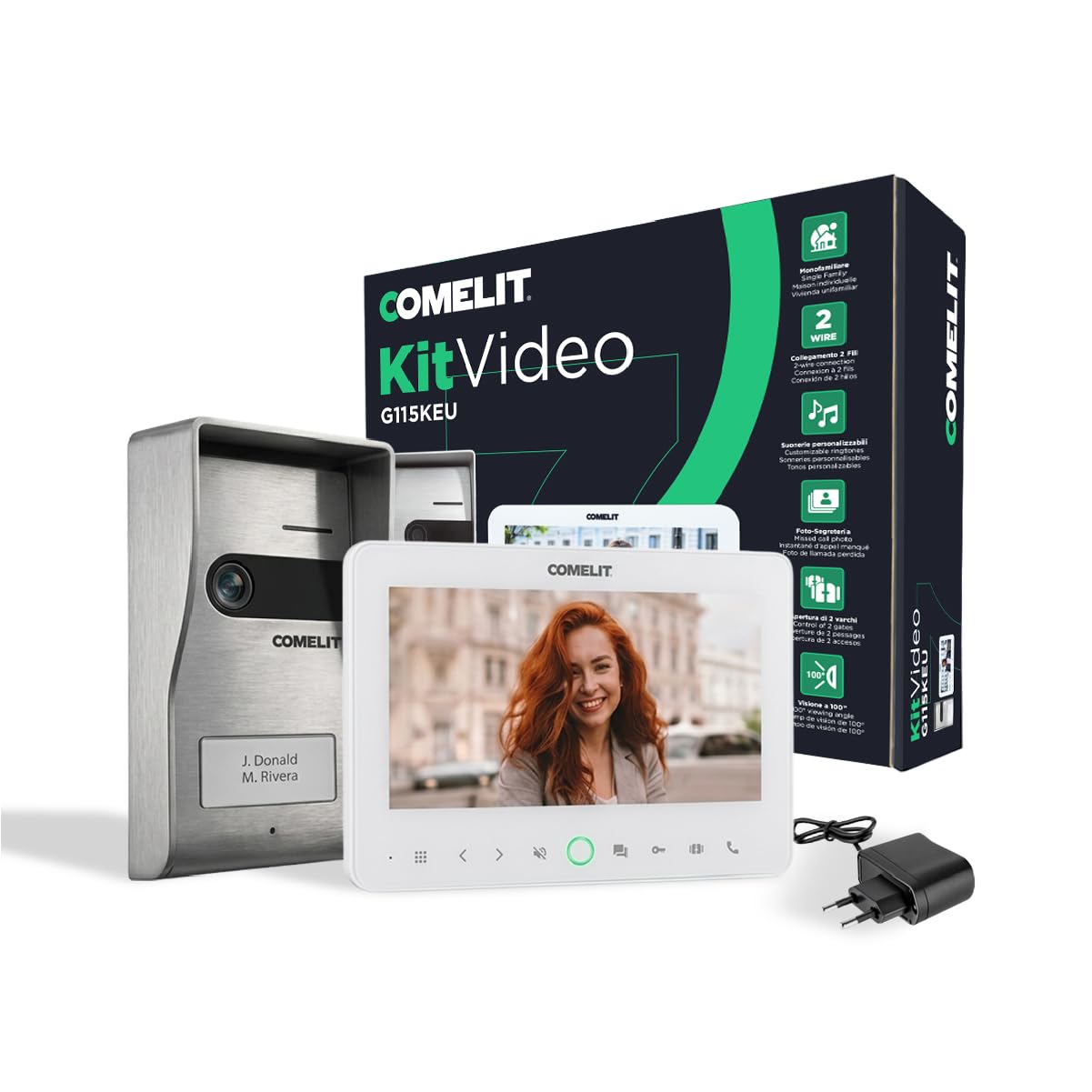 Comelit Video-Türsprechanlage 2 Drähte mit Monitor 7 Zoll für Haus | Komplettes System mit Bildspeicher, anpassbaren Klingeltönen und regenfestem Knopf