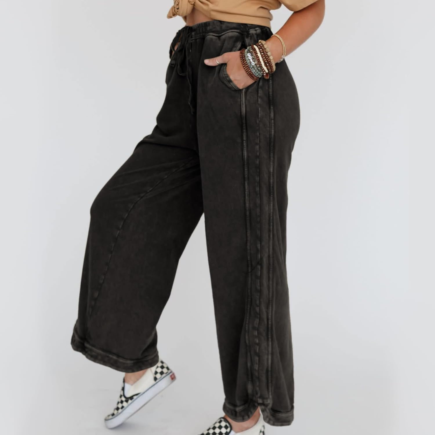 Ainangua Women's Casual Wide Leg Pants High Waist Acid Wash Baggy Palazzo Pants Athletic Lounge Trousers with Pockets - Image 5