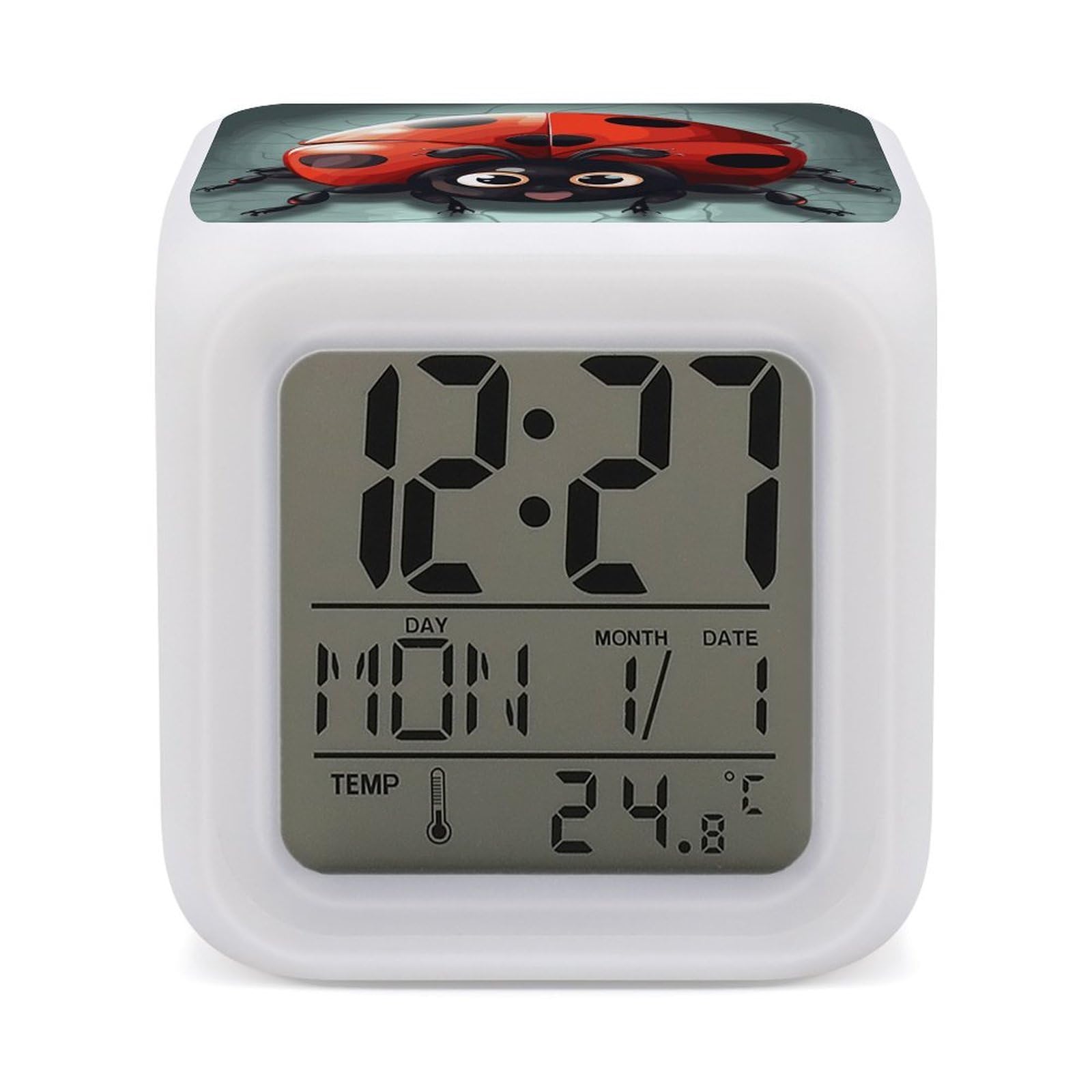 7 Color Ambient Night Light Cube Battery Operated Cartoon Ladybug Digital Clock with Snooze Temperature LED Digital Alarm Clocks Dimmable Wake Up Light Portable Mood Lamp for Bedroom Desk Gift