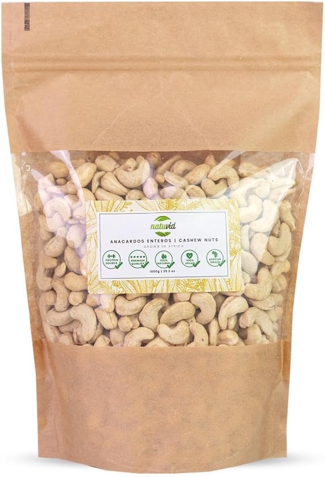 Natuvid | Anacardos Crudos Naturales 1kg | Anacardos Sin Tostar ni Sal | 100% Naturales | Snack Saludable Rico en Proteína Vegetal | Veganos | Origen África Occidental | Sin Conservantes ni Aditivos