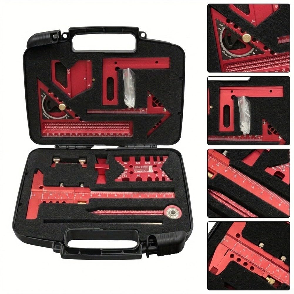 Kit de herramientas de diseño de aleación de aluminio para carpinteros con regla de ángulo cuadrado, regla de cola de milano, centro de escritura y herramientas de marcado (9 piezas)