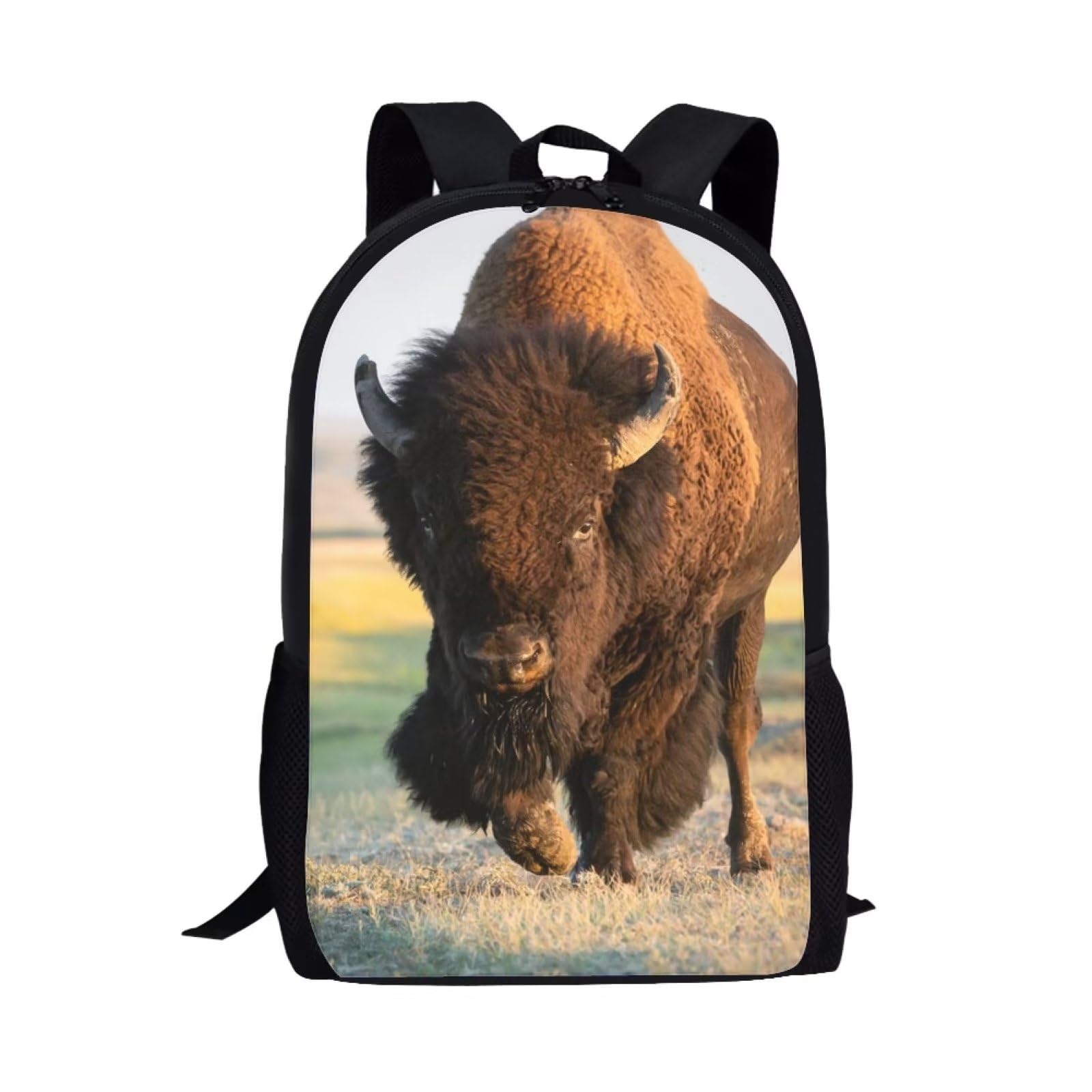 ParprintyKids Animal Backpack for School Student 17 Inch Novelty Causal Bison Backpack for Boys Girls Padded Back & Straps Lightweight Cute Bookbag with Side Pocket Kids Daypack